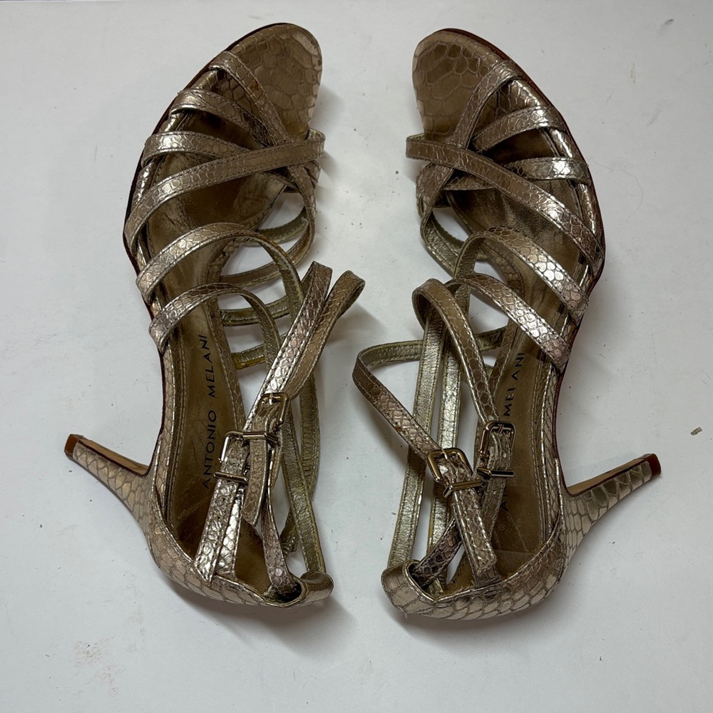 ANTONIO MELANI Gold Strappy Snake-Texture Leather Stiletto Sandals - Picture 10 of 14